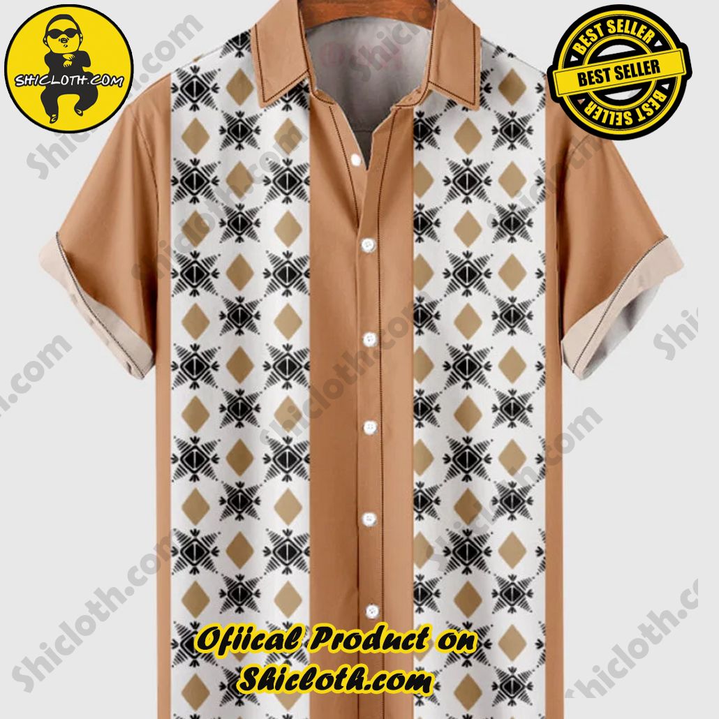 Shicloth's Tropical Elegance: Embrace Summer Vibes with Our Hawaiian Shirt and Shorts Set 4 1960s Tribal Printing and Khaki Stitching Men's Short Sleeve Shirt
