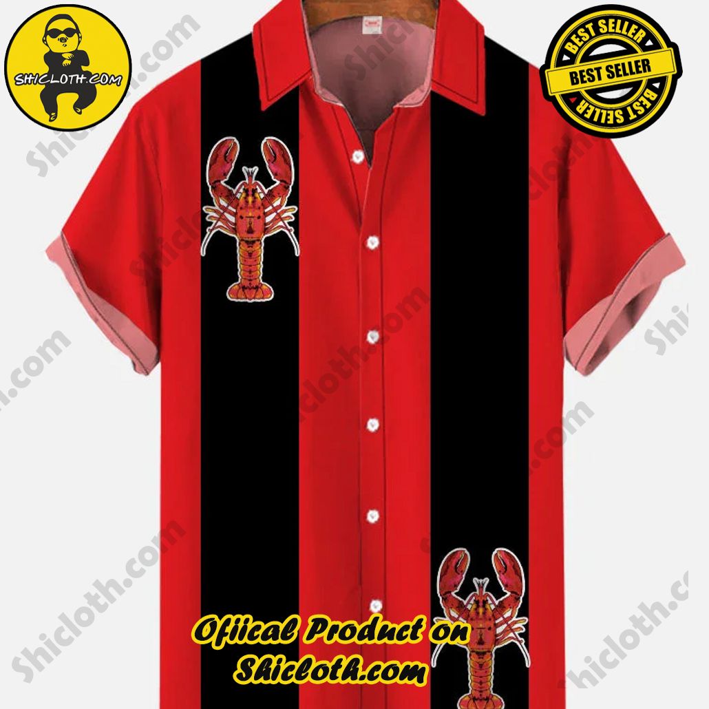 Bare the Breeze: Shiclothshop's Short Sleeve Shirts Unveiled 105 1960s Vintage Red And Black Stitching Lobster Hawaiian Printing Short Sleeve Shirt