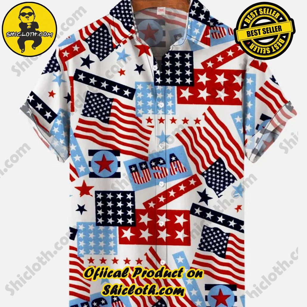 Shicloth's Tropical Elegance: Embrace Summer Vibes with Our Hawaiian Shirt and Shorts Set 5 4th Of July American Stars And Stripes Flag Printing Short Sleeve Shirt
