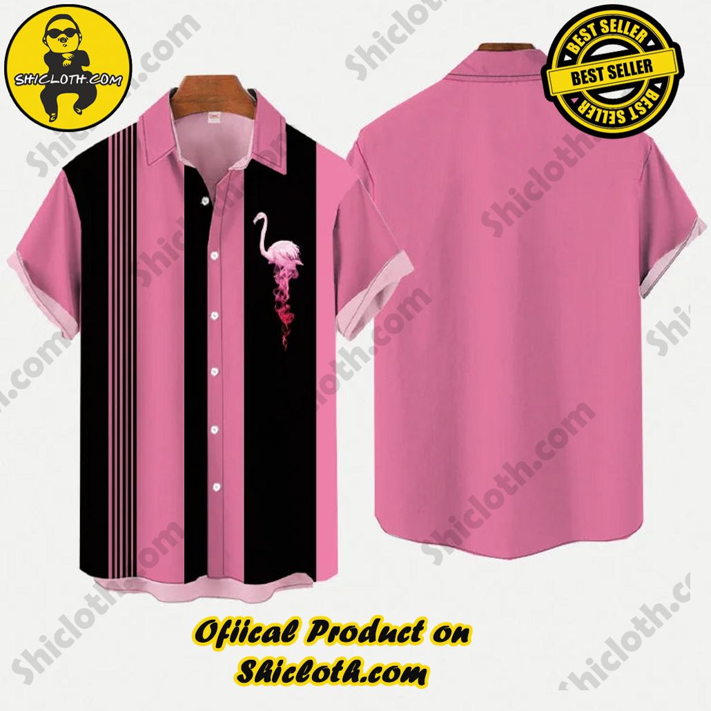 50s Black And Pink Stripes Stitching Tropical Flamingo Wildlife Printing Short Sleeve Shirt 50s Black And Pink Stripes Stitching Tropical Flamingo Wildlife Printing Short Sleeve Shirt