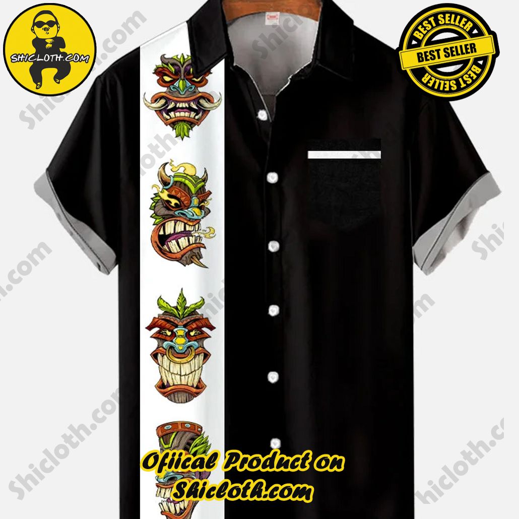 Shicloth's Tropical Elegance: Embrace Summer Vibes with Our Hawaiian Shirt and Shorts Set 6 50s Black And White Stitching Tiki With Different Expressions Printing Breast Pocket Short Sleeve Shirt
