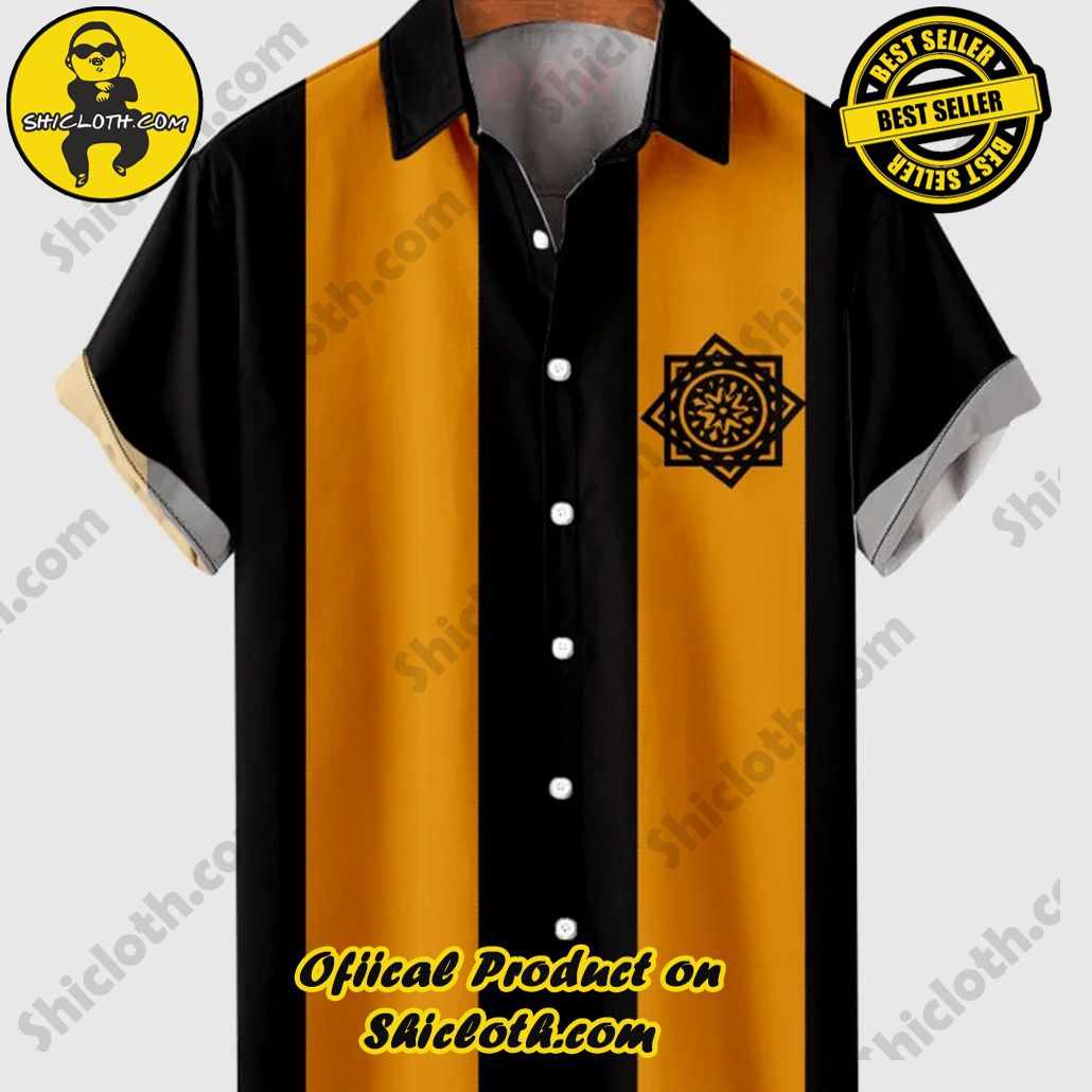 Bare the Breeze: Shiclothshop's Short Sleeve Shirts Unveiled 10 50s Black & Orange Stripe Octagon Pattern Printing Men's Short Sleeve Shirt