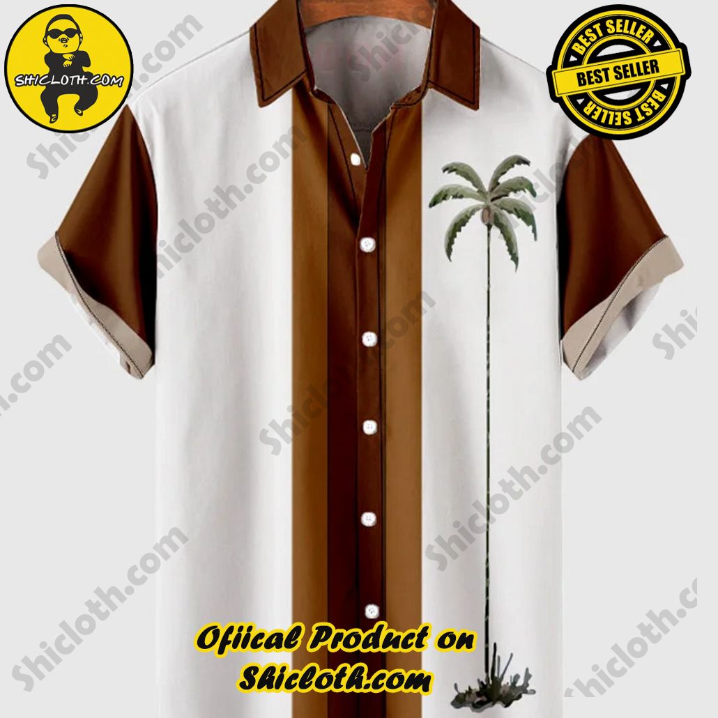 Shiclothshop's Short Sleeve Shirts – Effortless Elegance and Contemporary Comfort 10 50s Brown & White Stitching Coconut Tree Printing Men's Short Sleeve Shirt