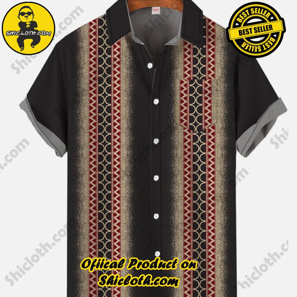 Bare the Breeze: Shiclothshop's Short Sleeve Shirts Unveiled 106 50s Button Down Bowling Retro Ethnic Patchwork Stripes Printing Short Sleeve Shirt