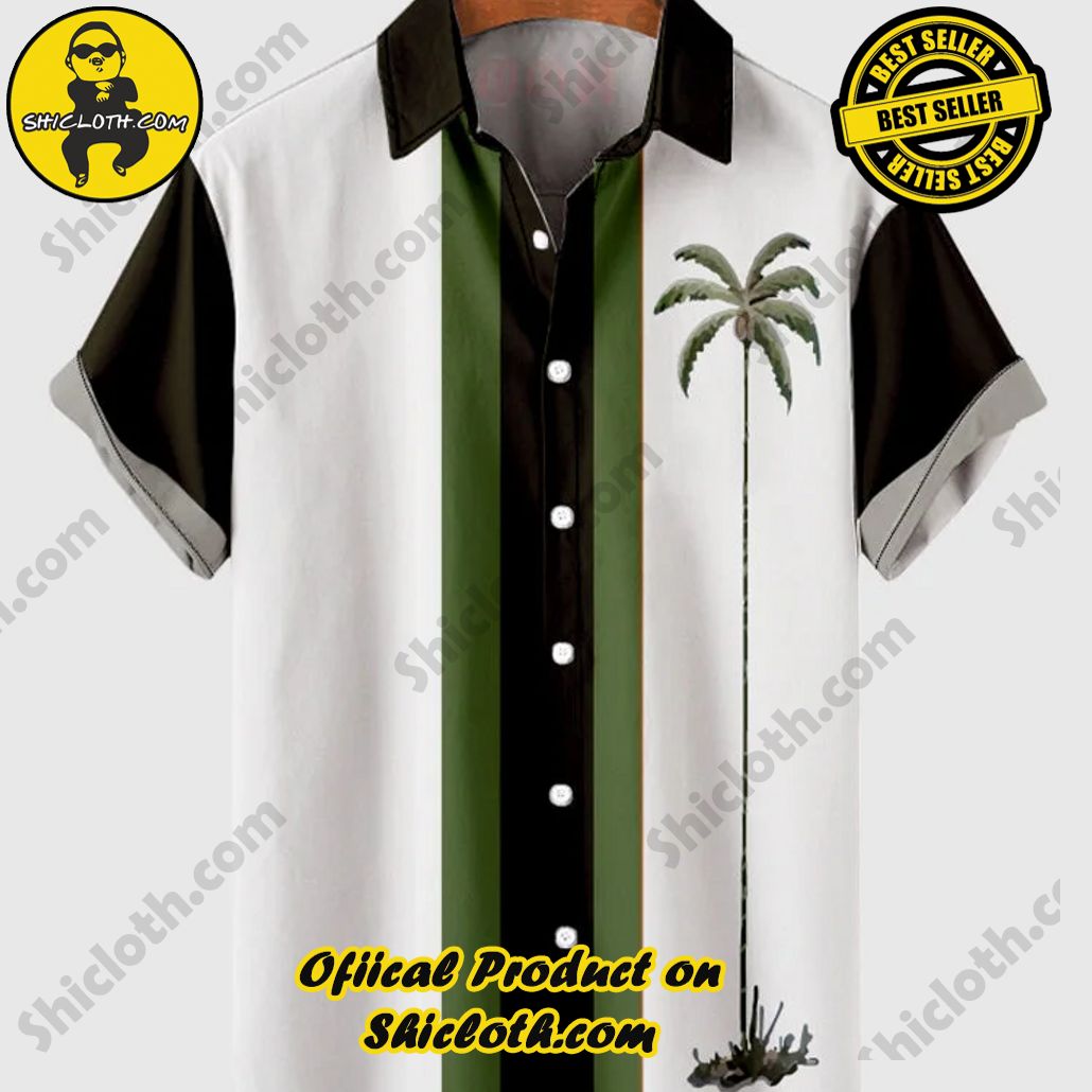 Shiclothshop's Short Sleeve Shirts – Effortless Elegance and Contemporary Comfort 13 50s Green & White Stitching Coconut Tree Printing Men's Short Sleeve Shirt