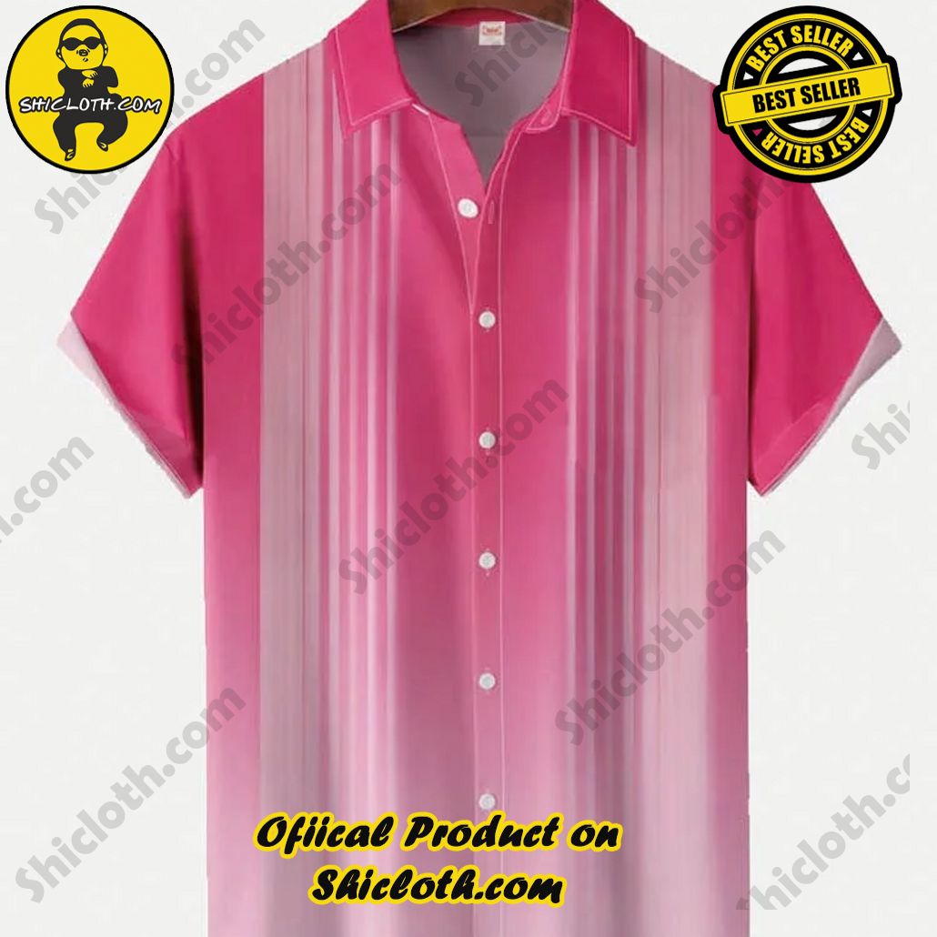 Shicloth's Tropical Elegance: Embrace Summer Vibes with Our Hawaiian Shirt and Shorts Set 7 50s Retro Gradient Pink And White Striped Camping Short Sleeve Shirt