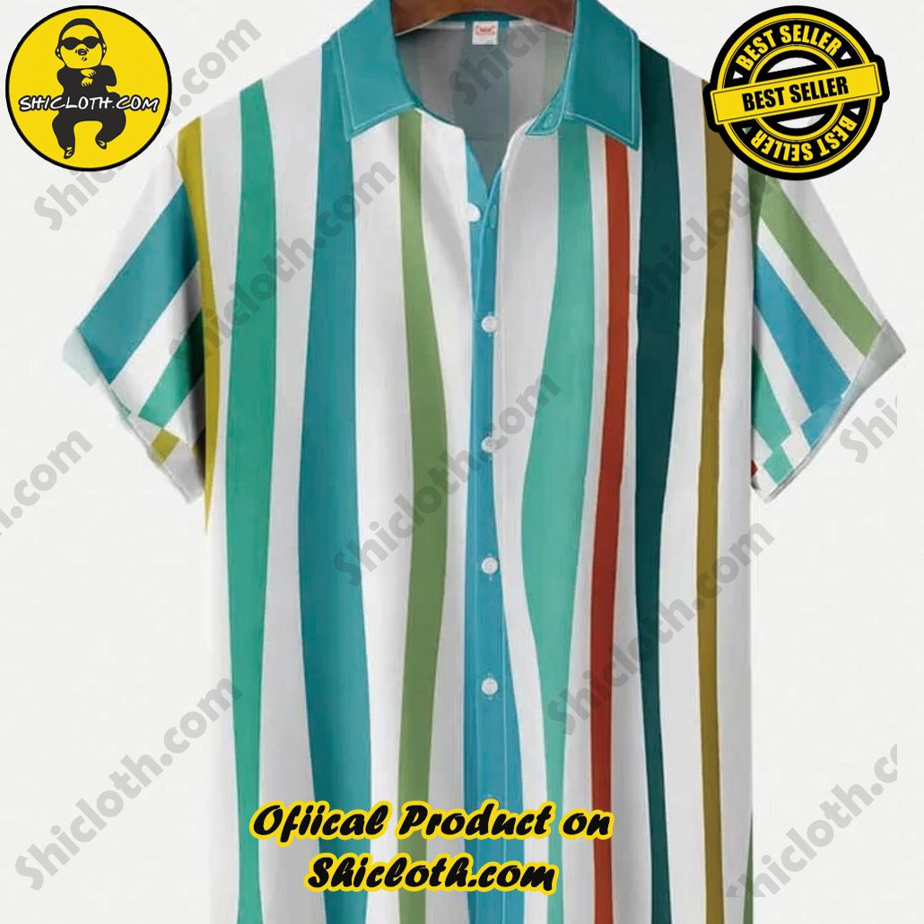 Shicloth's Tropical Elegance: Embrace Summer Vibes with Our Hawaiian Shirt and Shorts Set 9 Abstract Art Contrasting Color Wave Vertical Stripes Printing Short Sleeve Shirt