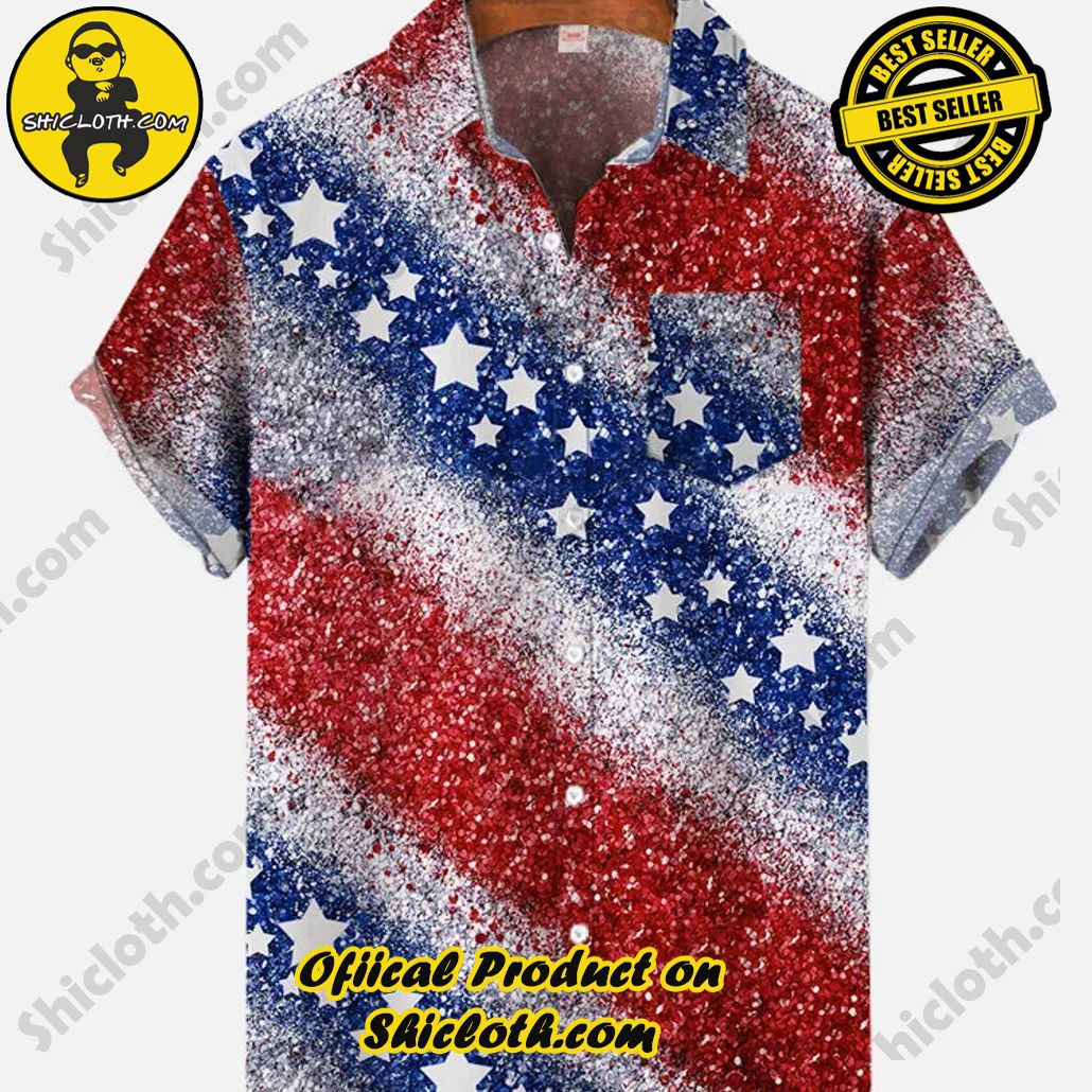Shicloth's Tropical Elegance: Embrace Summer Vibes with Our Hawaiian Shirt and Shorts Set 10 American Flag Color Glitter White Stars Printing Short Sleeve Shirt