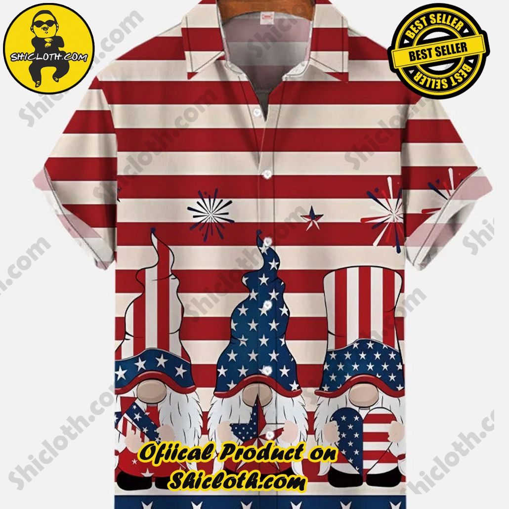 Shicloth's Tropical Elegance: Embrace Summer Vibes with Our Hawaiian Shirt and Shorts Set 11 American Gnomes With Stars Red Stripes Printing Short Sleeve Shirt