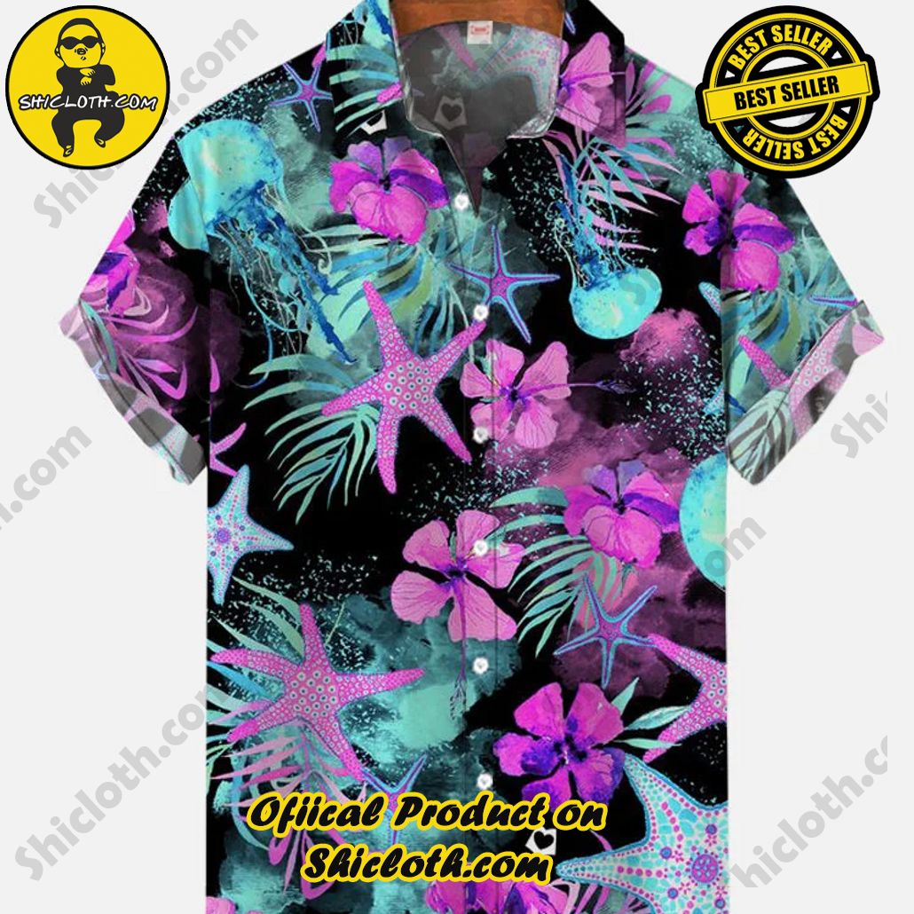 Shicloth's Tropical Elegance: Embrace Summer Vibes with Our Hawaiian Shirt and Shorts Set 13 Black Fantasy Seabed Jellyfish Starfish Printing Short Sleeve Shirt