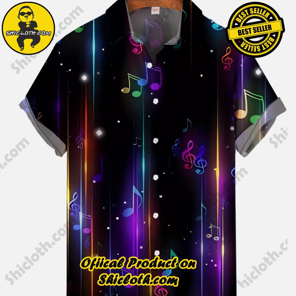 Shicloth's Tropical Elegance: Embrace Summer Vibes with Our Hawaiian Shirt and Shorts Set 14 Black Gradient Starry Sky Neon Lights And Notes Printing Short Sleeve Shirt