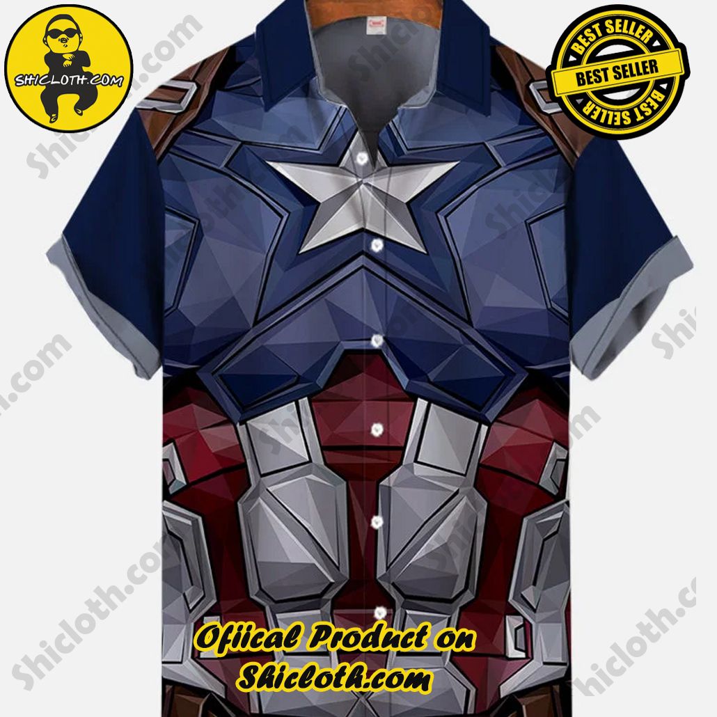 Shicloth's Tropical Elegance: Embrace Summer Vibes with Our Hawaiian Shirt and Shorts Set 15 Blue And Red Contrasting Color Captain Hero Costume Printing Short Sleeve Shirt