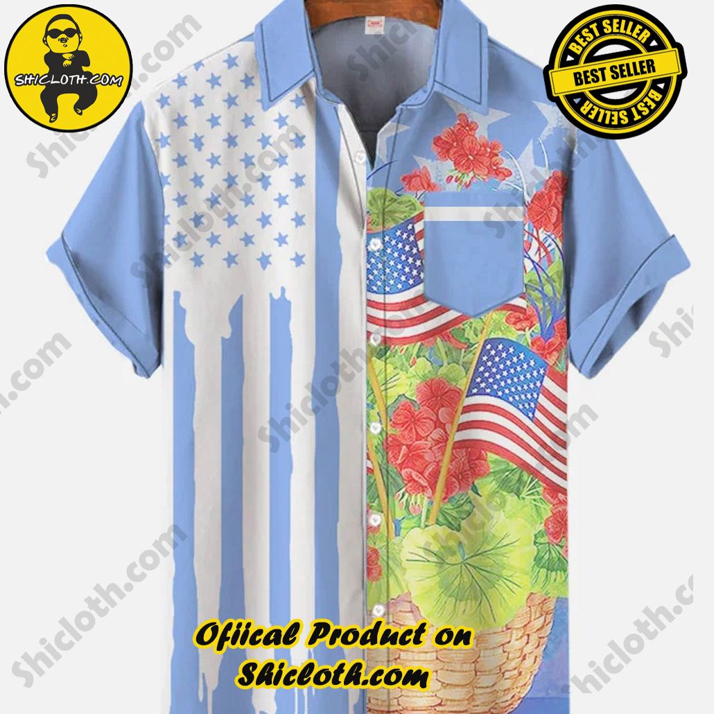 Shicloth's Tropical Elegance: Embrace Summer Vibes with Our Hawaiian Shirt and Shorts Set 16 Blue Purple American Stars And Stripes With Flower Basket Printing Breast Pocket Short Sleeve Shirt