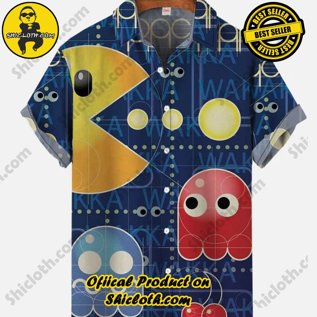 Bare the Breeze: Shiclothshop's Short Sleeve Shirts Unveiled 109 Blue Retro Game Cartoon Jellyfish And Yellow Mouth Monster Printing Short Sleeve Shirt