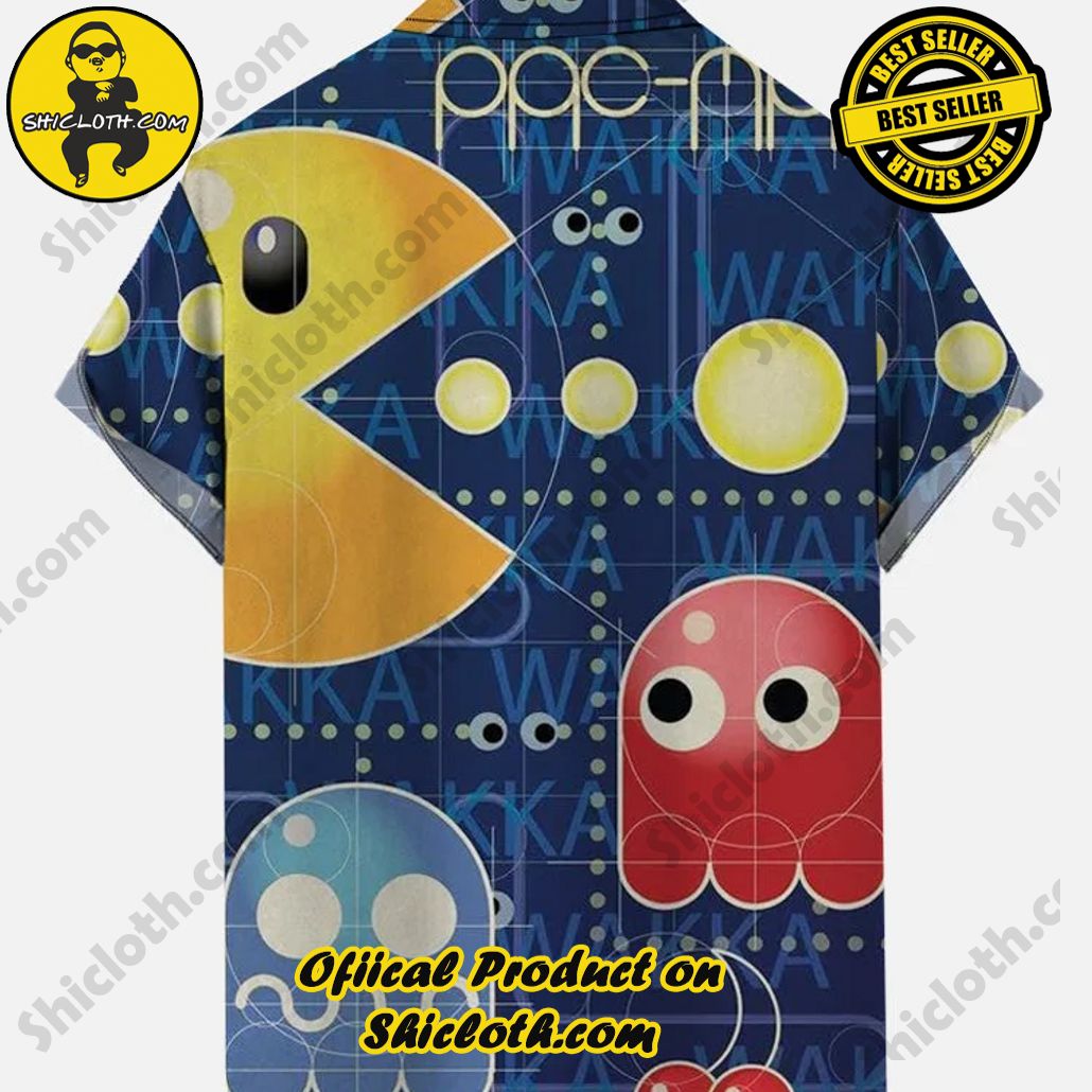 Blue Retro Game Cartoon Jellyfish And Yellow Mouth Monster Printing Short Sleeve Shirt Blue Retro Game Cartoon Jellyfish And Yellow Mouth Monster Printing Short Sleeve Shirt