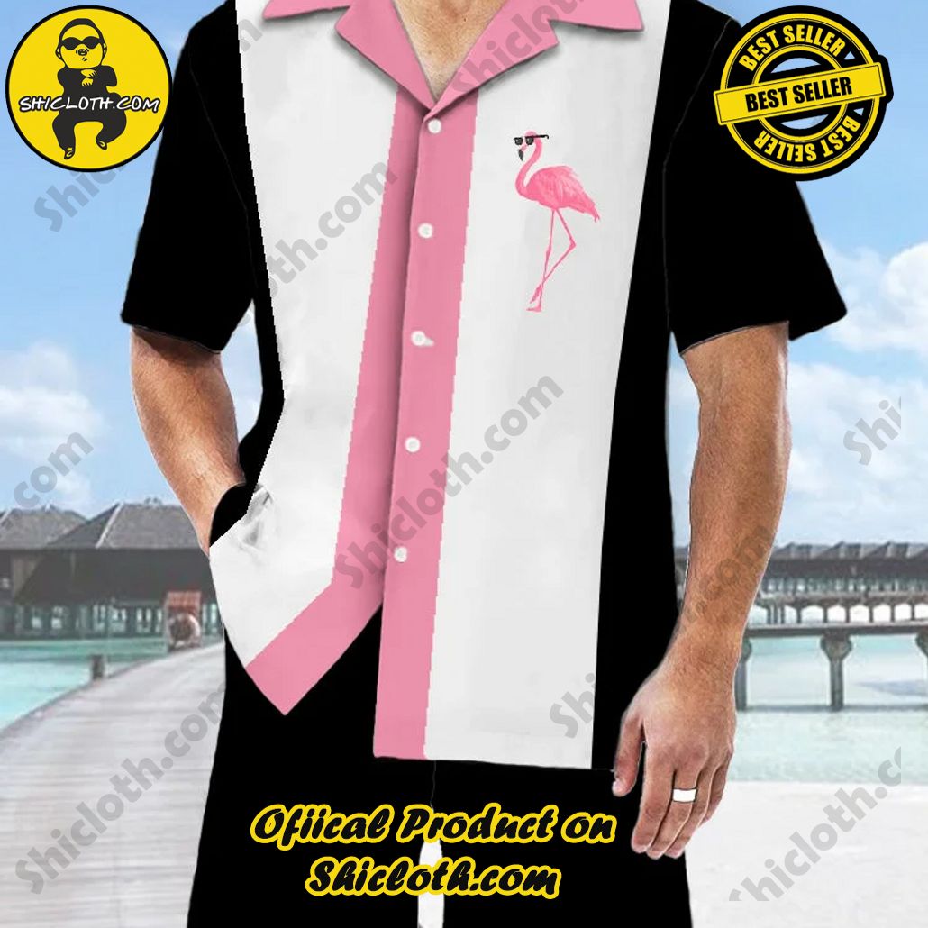 Bare the Breeze: Shiclothshop's Short Sleeve Shirts Unveiled 110 Camp Retro Black White Pink Stitching Flamingo Printing Hawaiian Cuban Collar Short Sleeve Shirt Set