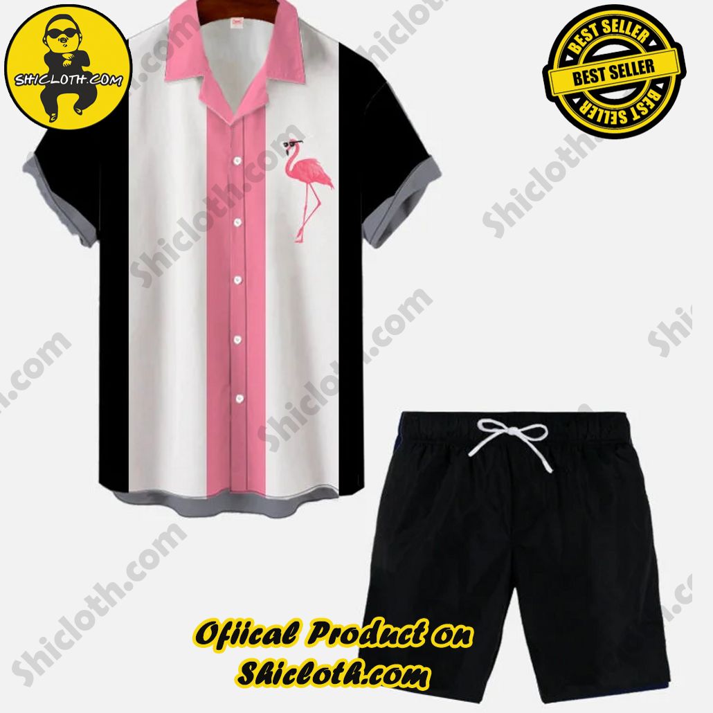 Camp Retro Black White Pink Stitching Flamingo Printing Hawaiian Cuban Collar Short Sleeve Shirt Set Camp Retro Black White Pink Stitching Flamingo Printing Hawaiian Cuban Collar Short Sleeve Shirt Set