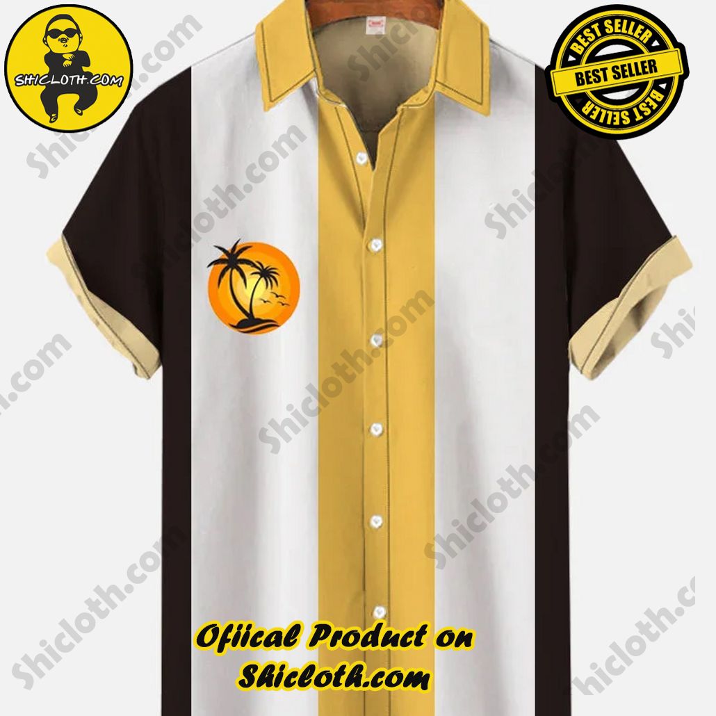 Shicloth's Tropical Elegance: Embrace Summer Vibes with Our Hawaiian Shirt and Shorts Set 17 Camp Retro Black Yellow And White Stitching Tropical Sunset Palm Tree Silhouettes Printing Short Sleeve Shirt