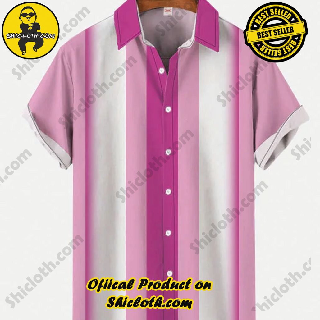 Bare the Breeze: Shiclothshop's Short Sleeve Shirts Unveiled 20 Camp Retro Pink And White Stitching Vertical Color Matching Printing Short Sleeve Shirt
