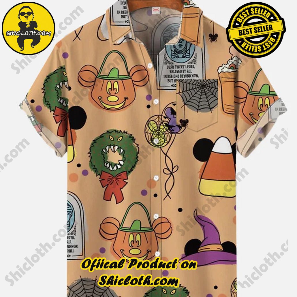 Bare the Breeze: Shiclothshop's Short Sleeve Shirts Unveiled 111 Cartoon Retro Halloween Big-Eared Mouse Jack-O'-Lantern And Wizard Hat Printing Breast Pocket Short Sleeve Shirt