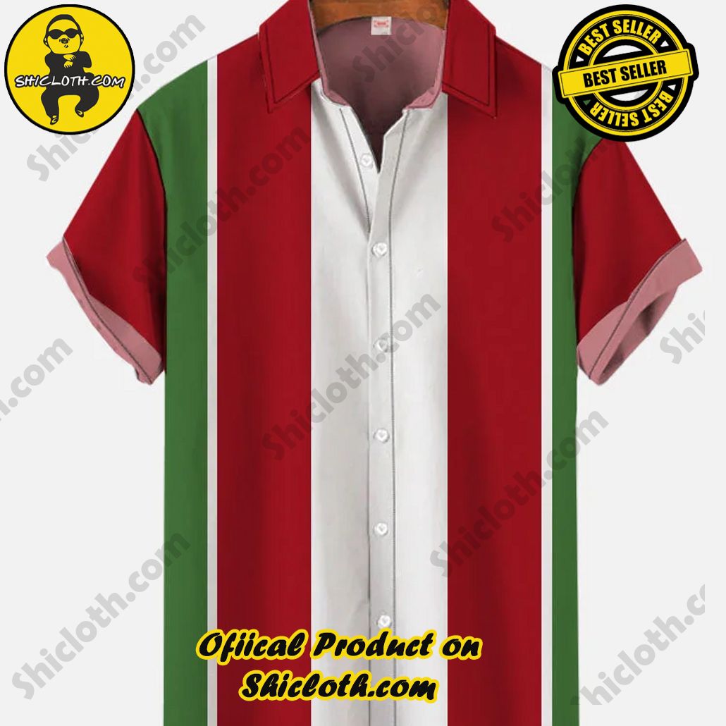 Shicloth's Tropical Elegance: Embrace Summer Vibes with Our Hawaiian Shirt and Shorts Set 19 Christmas Element Retro Red White And Green Stitching Printing Short Sleeve Shirt