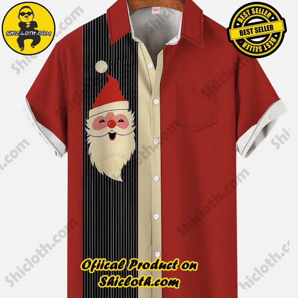 Shiclothshop's Short Sleeve Shirts – Effortless Elegance and Contemporary Comfort 21 Christmas Elements Retro Red Black And Yellow Stitching Bearded Santa Claus Printing Men's Short Sleeve Shirt