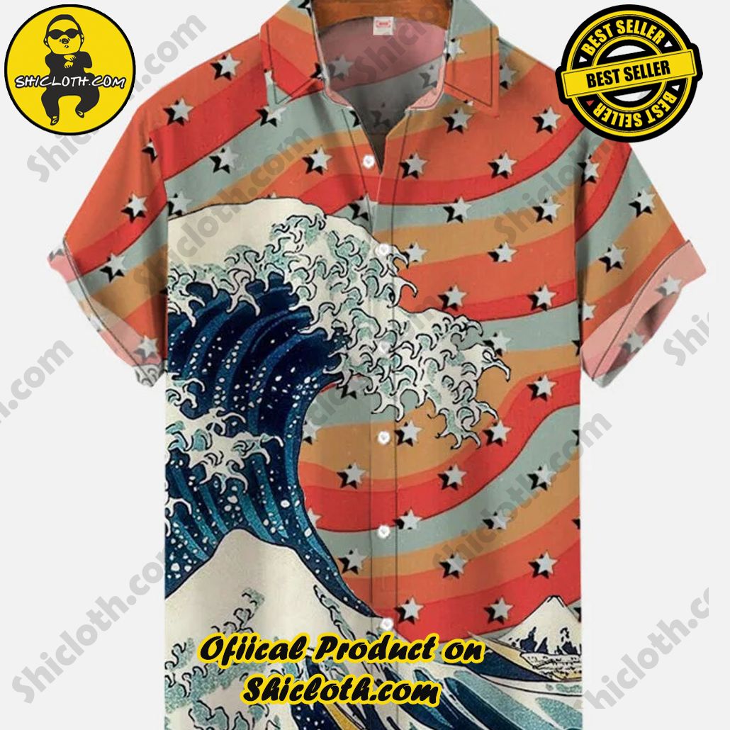 Shicloth's Tropical Elegance: Embrace Summer Vibes with Our Hawaiian Shirt and Shorts Set 21 Contrasting Curve Stripe With Stars And The Great Wave Off Kanagawa Waves Printing Short Sleeve Shirt