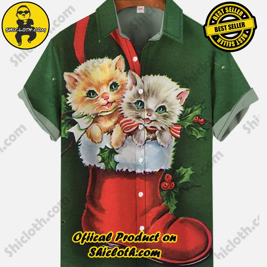 Bare the Breeze: Shiclothshop's Short Sleeve Shirts Unveiled 24 Cute Christmas Vintage Red Christmas Stockings And Kittens Printing Short Sleeve Shirt