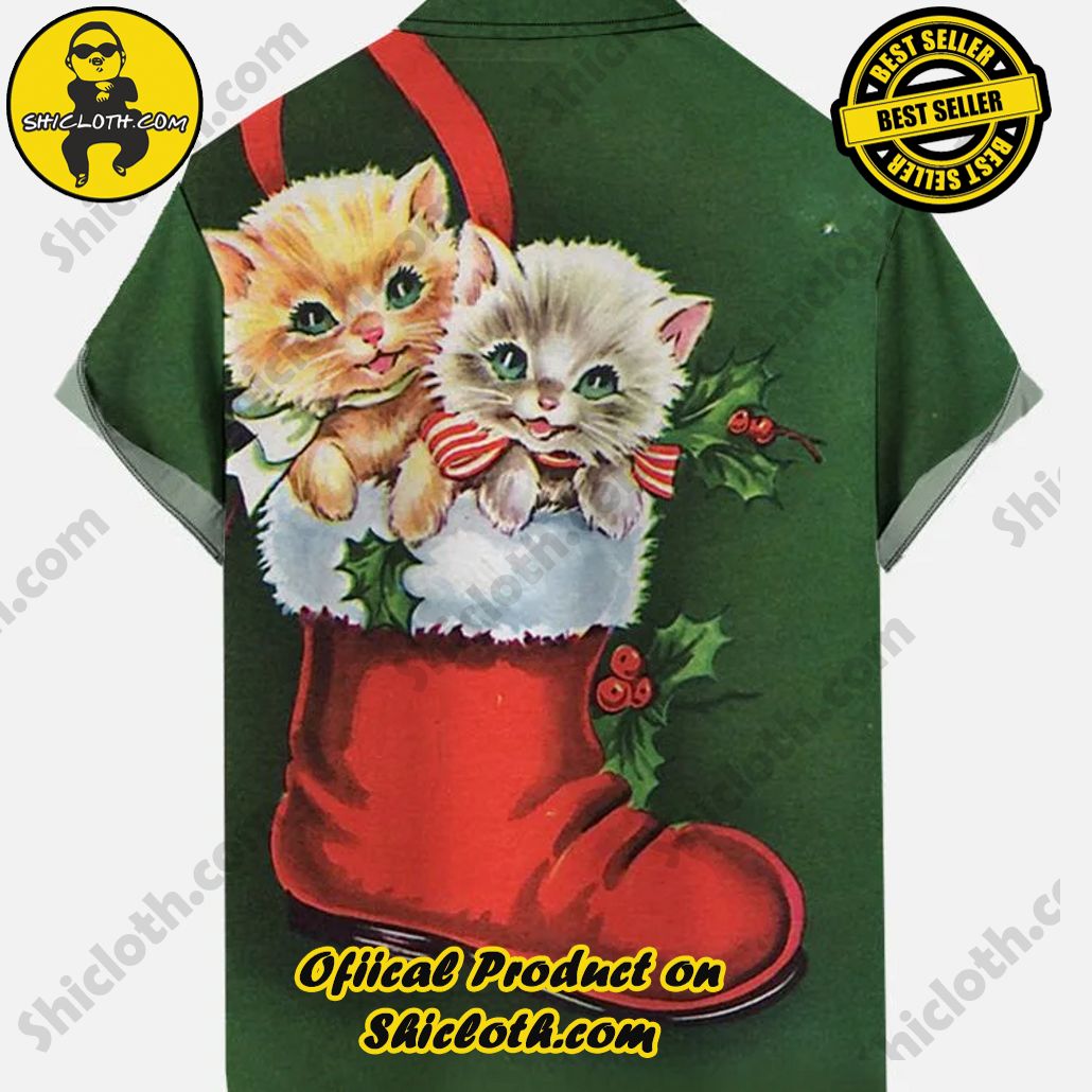 Cute Christmas Vintage Red Christmas Stockings And Kittens Printing Short Sleeve Shirt Cute Christmas Vintage Red Christmas Stockings And Kittens Printing Short Sleeve Shirt