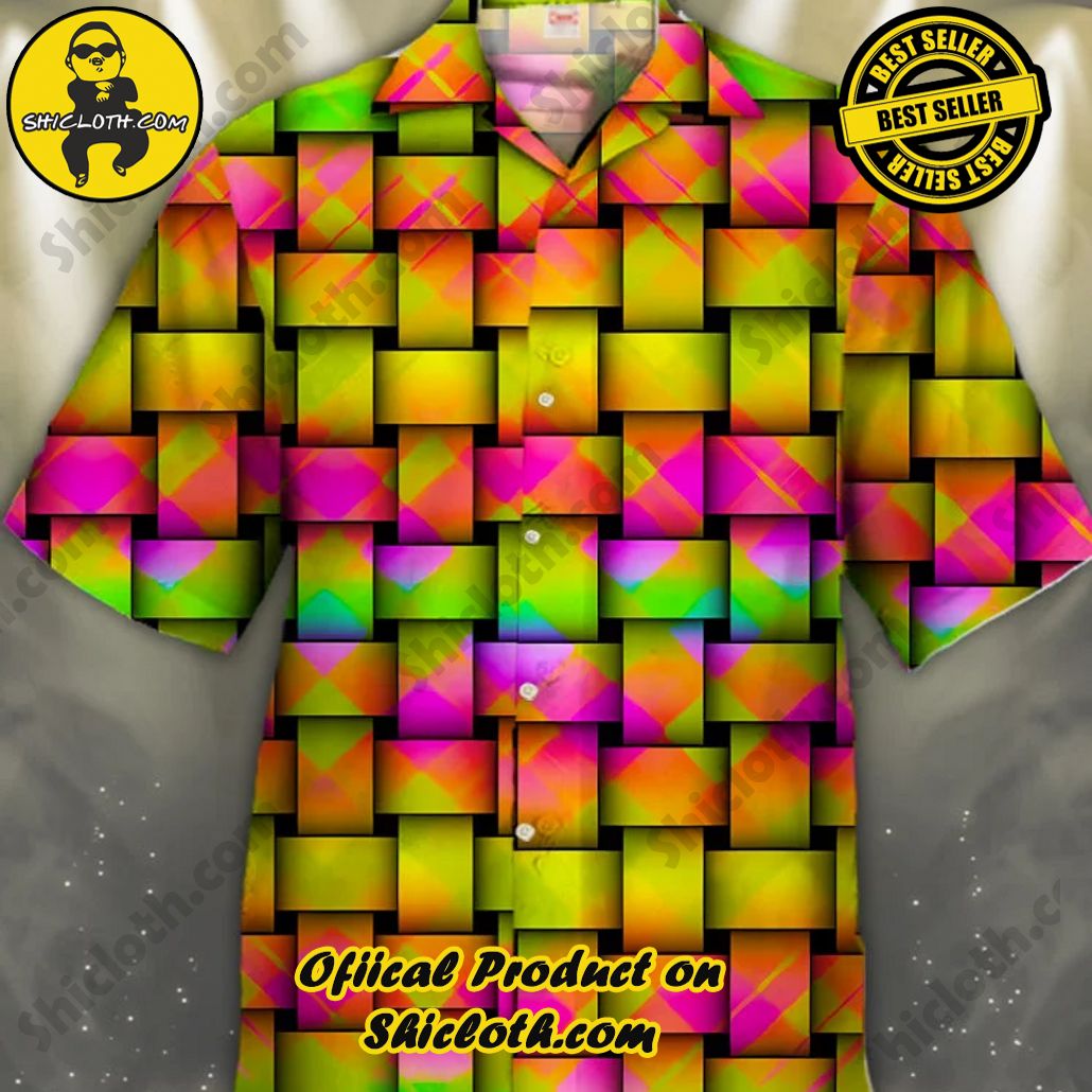 Shicloth's Tropical Elegance: Embrace Summer Vibes with Our Hawaiian Shirt and Shorts Set 24 Eye-Catching Colorful Rainbow Retro Plaid Decorated Patchwork Printing Cuban Collar Hawaiian Short Sleeve Shirt
