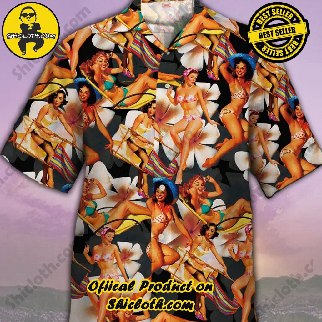 Shicloth's Tropical Elegance: Embrace Summer Vibes with Our Hawaiian Shirt and Shorts Set 28 Eye-Catching Psychedelic Hippie Retro Beach Pin up Girl Printing Cuban Collar Hawaiian Short Sleeve Shirt