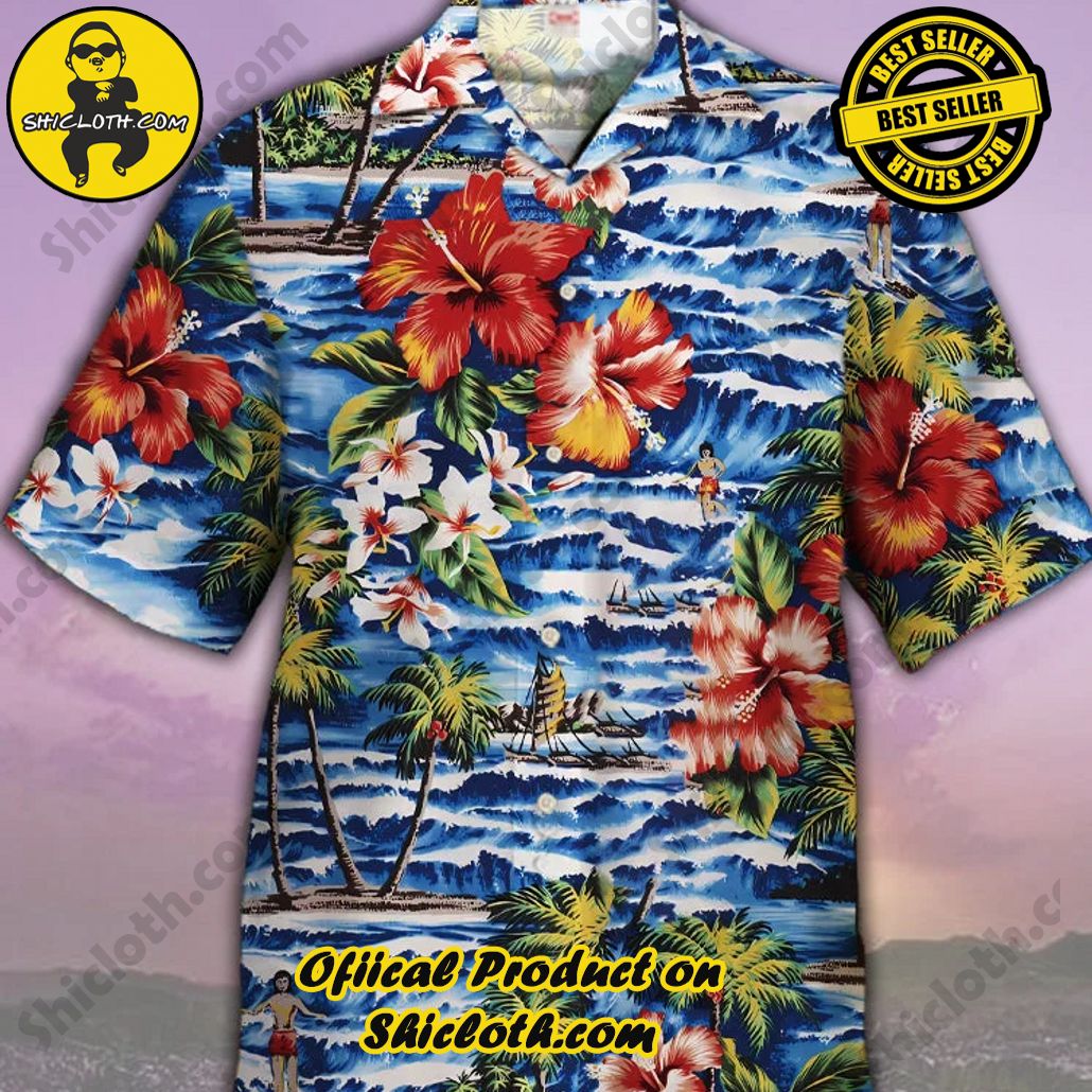 Shicloth's Tropical Elegance: Embrace Summer Vibes with Our Hawaiian Shirt and Shorts Set 29 Eye-Catching Psychedelic Hippie Vintage Blue Surf Red Flowers Printing Cuban Collar Hawaiian Short Sleeve Shirt