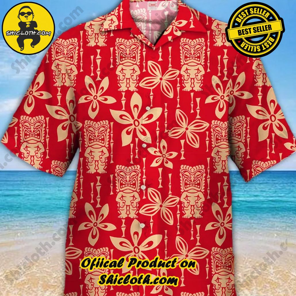 Shicloth's Tropical Elegance: Embrace Summer Vibes with Our Hawaiian Shirt and Shorts Set 31 Eye-Catching Vacation Style Vintage Red Tribal Pattern Floral Printing Cuban Collar Hawaiian Short Sleeve Shirt