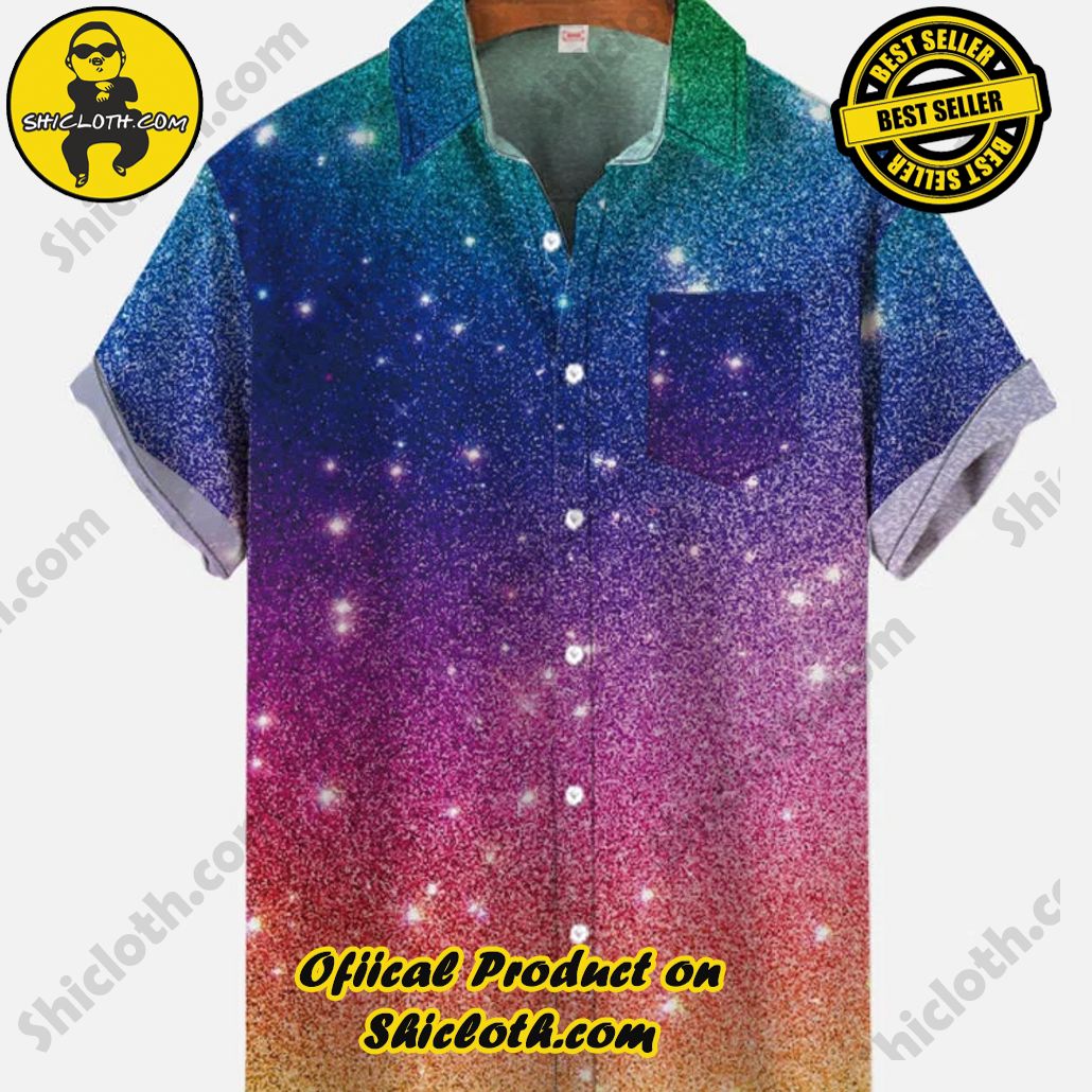 Shicloth's Tropical Elegance: Embrace Summer Vibes with Our Hawaiian Shirt and Shorts Set 34 Fantasy Starry Sky Gradient Rainbow Glitter Printing Breast Pocket Short Sleeve Shirt