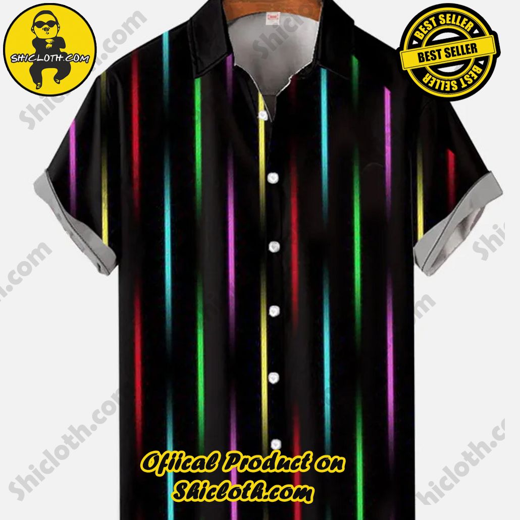 Bare the Breeze: Shiclothshop's Short Sleeve Shirts Unveiled 122 Fashion Disco Colorful Retro Neon Stripes Printing Short Sleeve Shirt