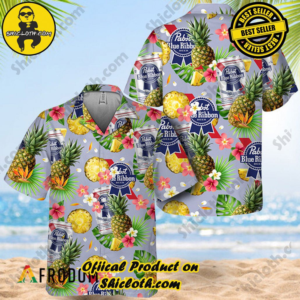 Shicloth's Tropical Elegance: Embrace Summer Vibes with Our Hawaiian Shirt and Shorts Set 114 Floral Pineapple Pabst Blue Ribbon Hawaiian Shirt