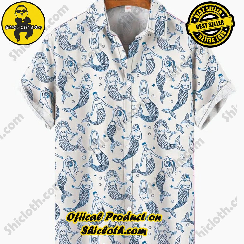 Shicloth's Tropical Elegance: Embrace Summer Vibes with Our Hawaiian Shirt and Shorts Set 36 Full-Print Retro Cartoon Variety Mermaids Printing Short Sleeve Shirt