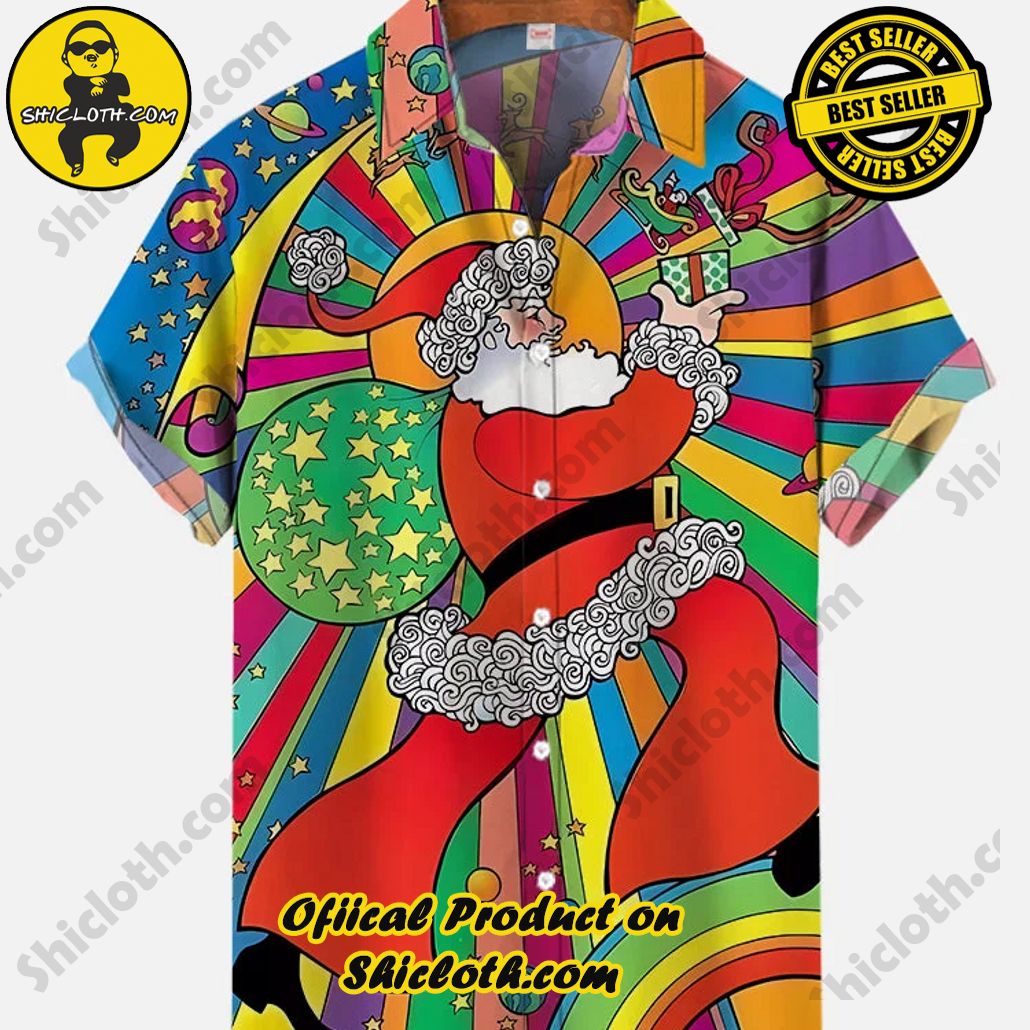 Bare the Breeze: Shiclothshop's Short Sleeve Shirts Unveiled 123 Gorgeous Vintage Colorful Trippy Santa Send Gifts Printing Short Sleeve Shirt