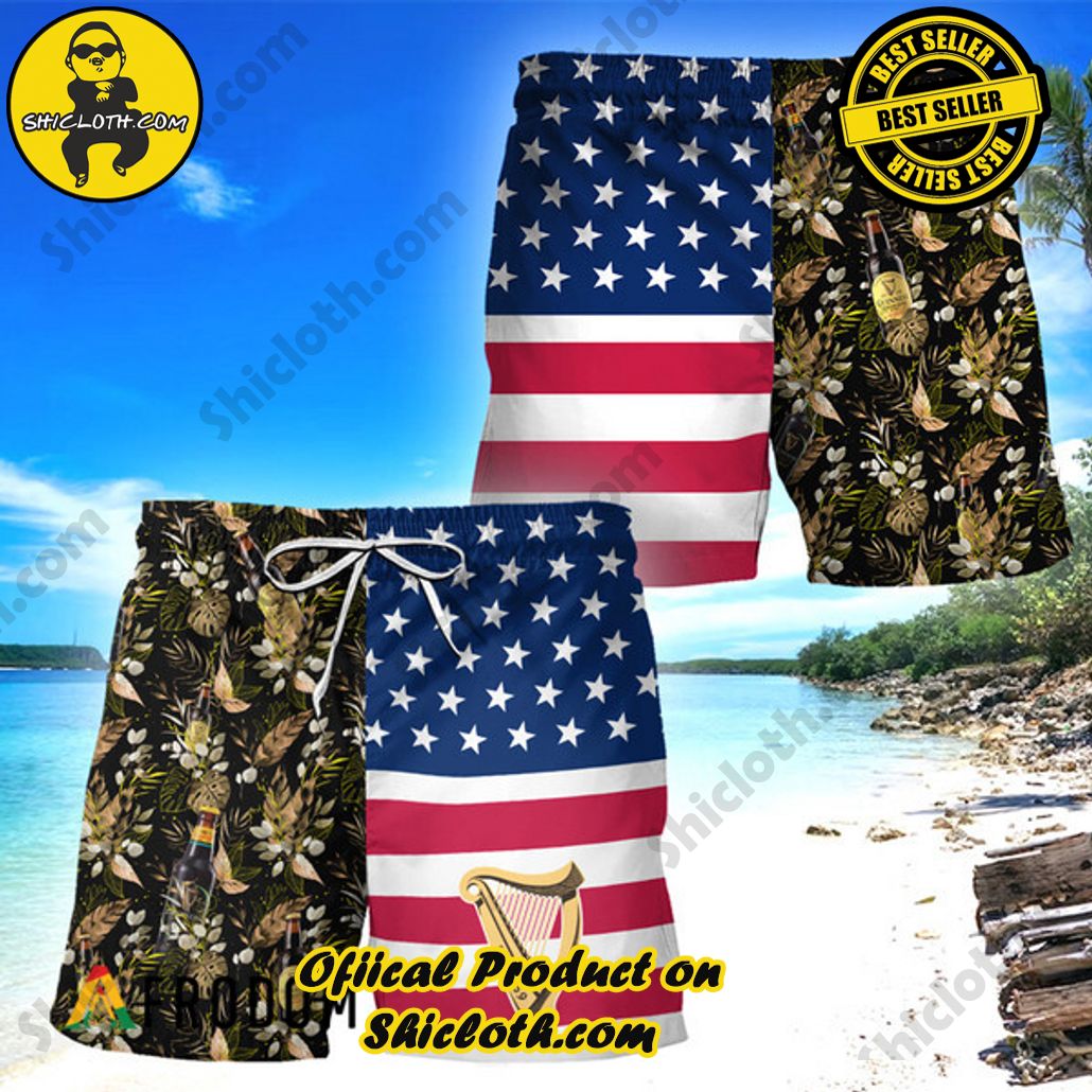 Shicloth's Tropical Elegance: Embrace Summer Vibes with Our Hawaiian Shirt and Shorts Set 121 Guinness Beer Flower American Flag Hawaiian Shorts