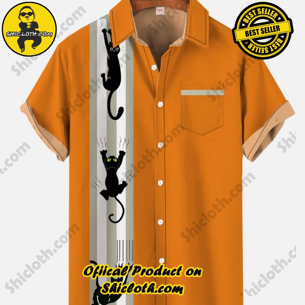 Bare the Breeze: Shiclothshop's Short Sleeve Shirts Unveiled 127 Halloween Vintage Orange And Black Cats Scratches Printing Short Sleeve Shirt