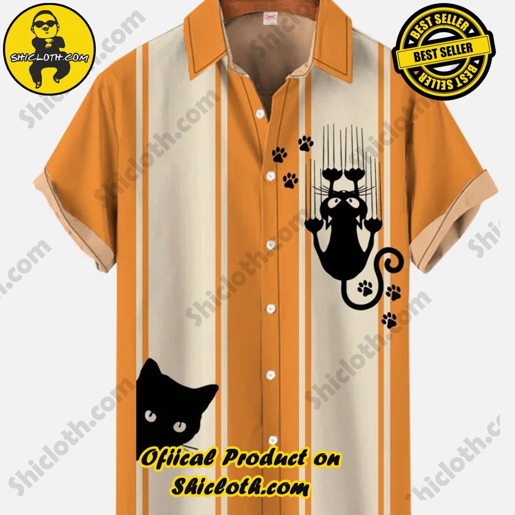 Bare the Breeze: Shiclothshop's Short Sleeve Shirts Unveiled 128 Halloween Vintage Orange Stitching Cats And Scratches Printing Printing Short Sleeve Shirt