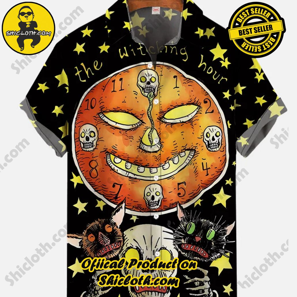 Bare the Breeze: Shiclothshop's Short Sleeve Shirts Unveiled 129 Halloween Yellow Stars Pumpkin Ghost Face And Cat Skull On Black Printing Short Sleeve Shirt
