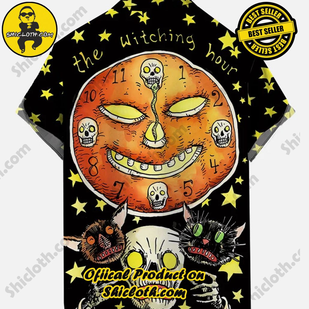 Halloween Yellow Stars Pumpkin Ghost Face And Cat Skull On Black Printing Short Sleeve Shirt Halloween Yellow Stars Pumpkin Ghost Face And Cat Skull On Black Printing Short Sleeve Shirt