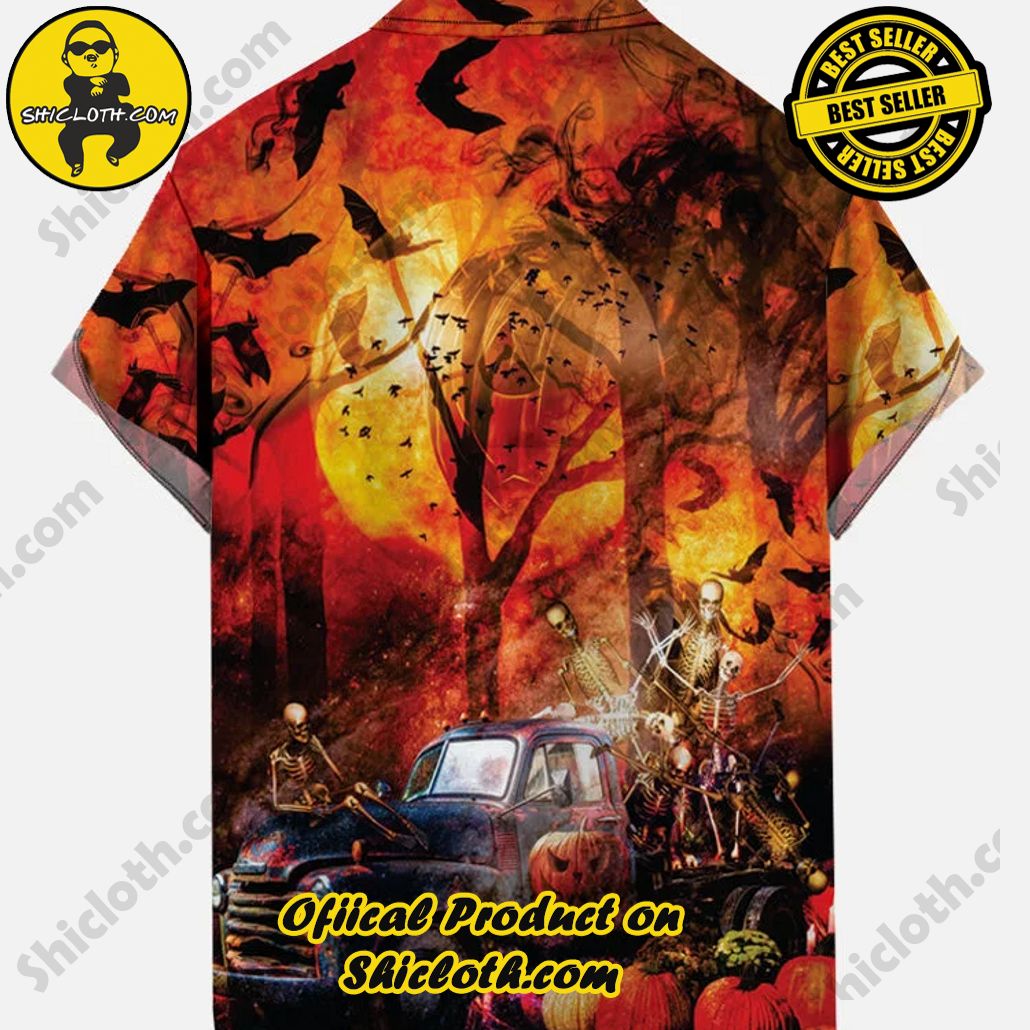 Happy Halloween Retro Hot Rod Pickup Truck And Skull Pumpkins Printing Short Sleeve Shirt Happy Halloween Retro Hot Rod Pickup Truck And Skull Pumpkins Printing Short Sleeve Shirt