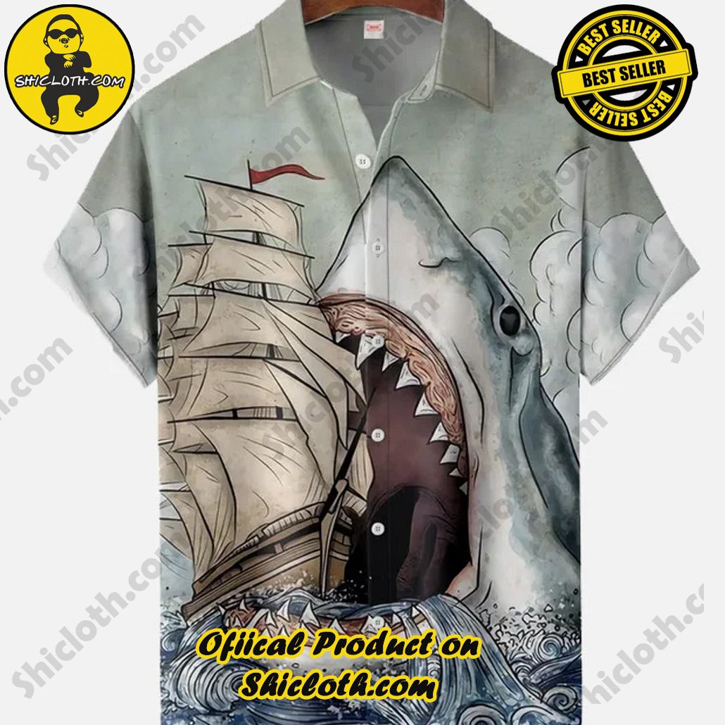 Bare the Breeze: Shiclothshop's Short Sleeve Shirts Unveiled 132 Hawaii Style Vintage Sailboat And Shark Printing Short Sleeve Shirt