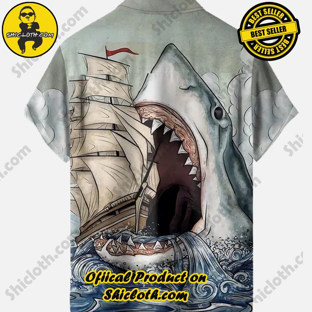 Hawaii Style Vintage Sailboat And Shark Printing Short Sleeve Shirt Hawaii Style Vintage Sailboat And Shark Printing Short Sleeve Shirt