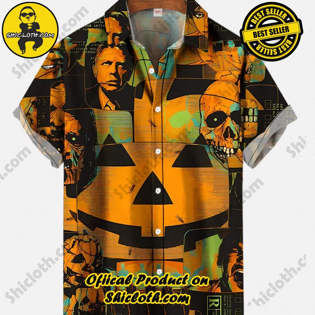 Bare the Breeze: Shiclothshop's Short Sleeve Shirts Unveiled 34 Hawaiian Vintage Halloween Abstract Pumpkin Ghost And Scary Skull Printing Short Sleeve Shirt
