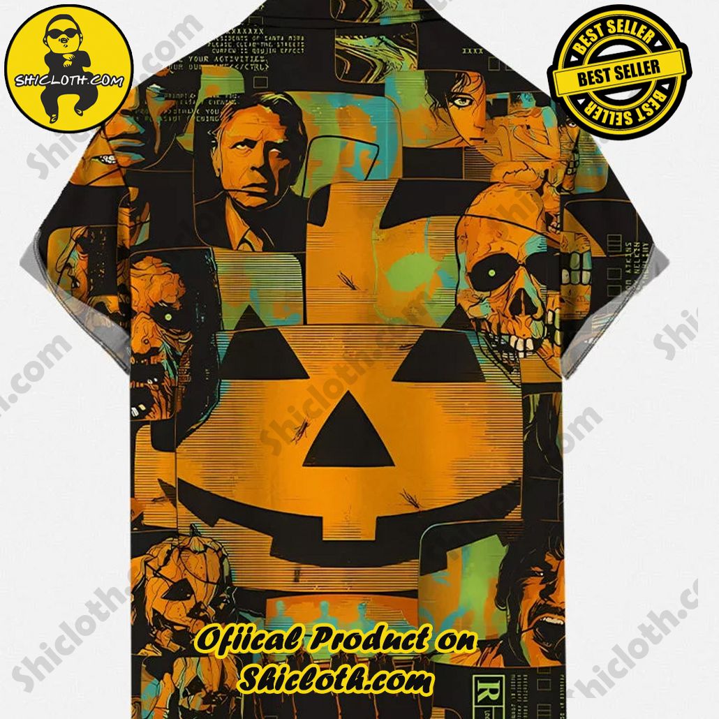 Hawaiian Vintage Halloween Abstract Pumpkin Ghost And Scary Skull Printing Short Sleeve Shirt Hawaiian Vintage Halloween Abstract Pumpkin Ghost And Scary Skull Printing Short Sleeve Shirt