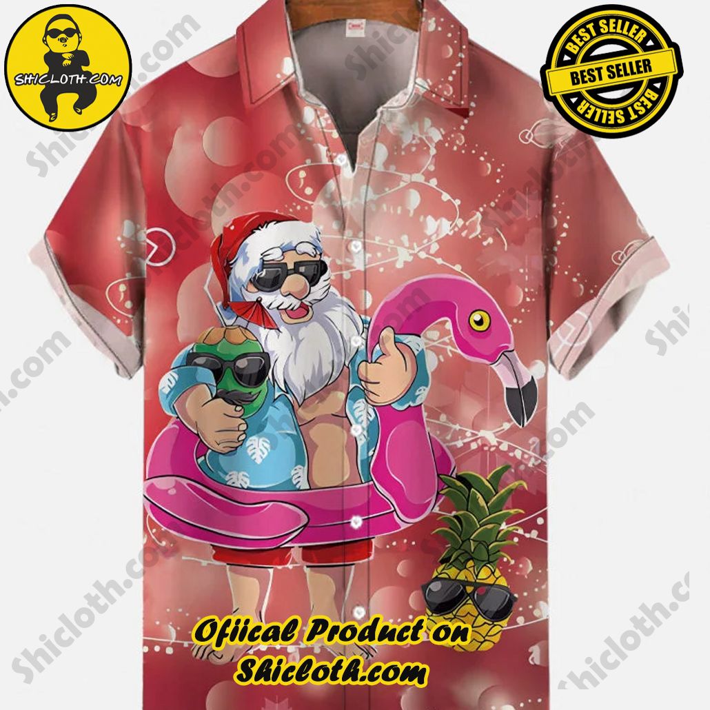 Bare the Breeze: Shiclothshop's Short Sleeve Shirts Unveiled 133 Holiday Santa With Flamingo Swimming Ring And Sunglasses Pineapple Printing Short Sleeve Shirt