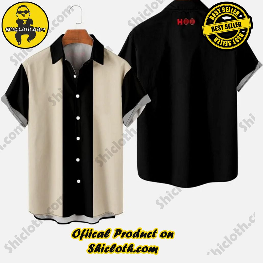 HOO 1960s Black and Off-White Stitching Men’s Short Sleeve Shirt HOO 1960s Black and Off-White Stitching Men’s Short Sleeve Shirt